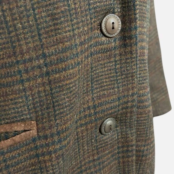 Vintage 90s Wool Plaid Blazer Jacket Women's Large Equestrian Brown Suede Trim - Picture 6 of 15
